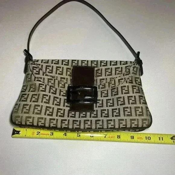 FENDI Zucchino Monogram Double Flap Baguette Shoulder Bag Brown FF Vintage Y2K - Picture 11 of 16